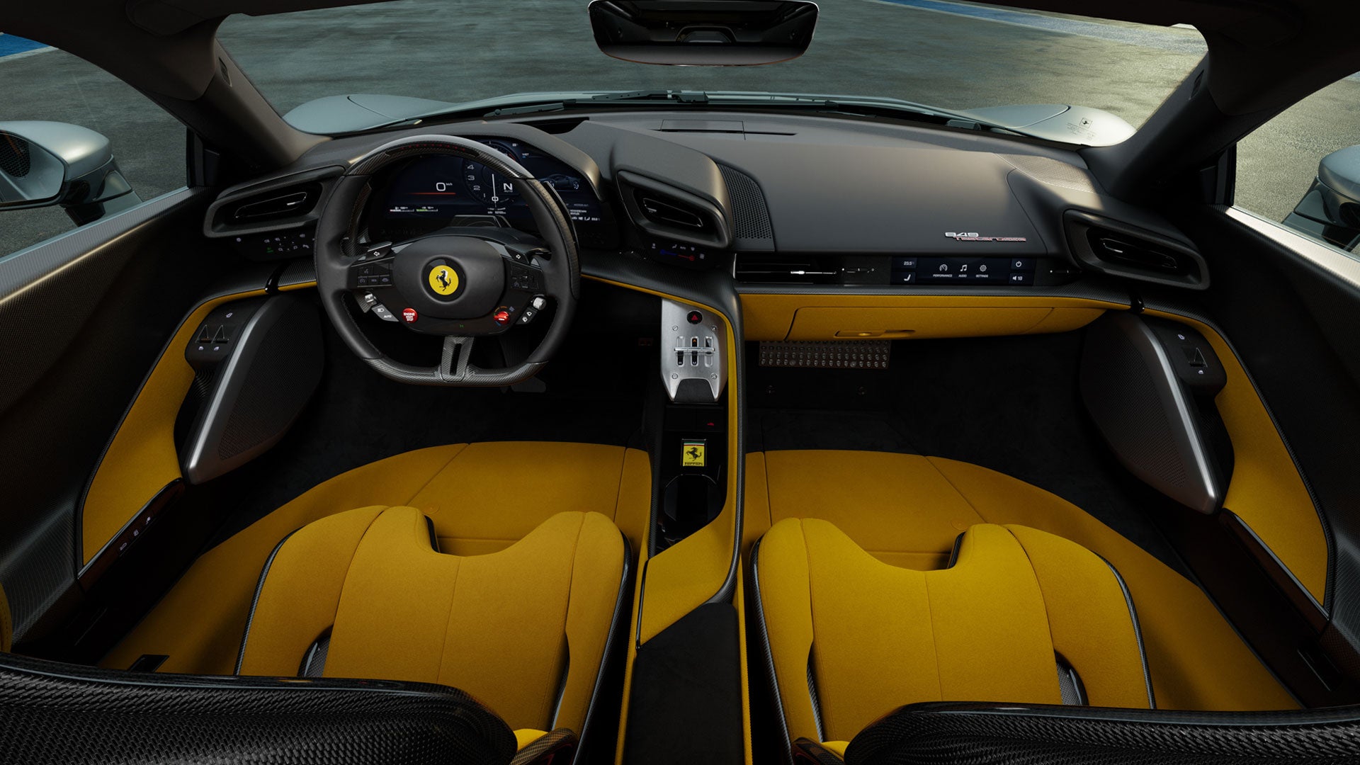 Interior of a Ferrari with black dashboard and steering wheel, bright yellow bucket seats, and carbon fiber accents.